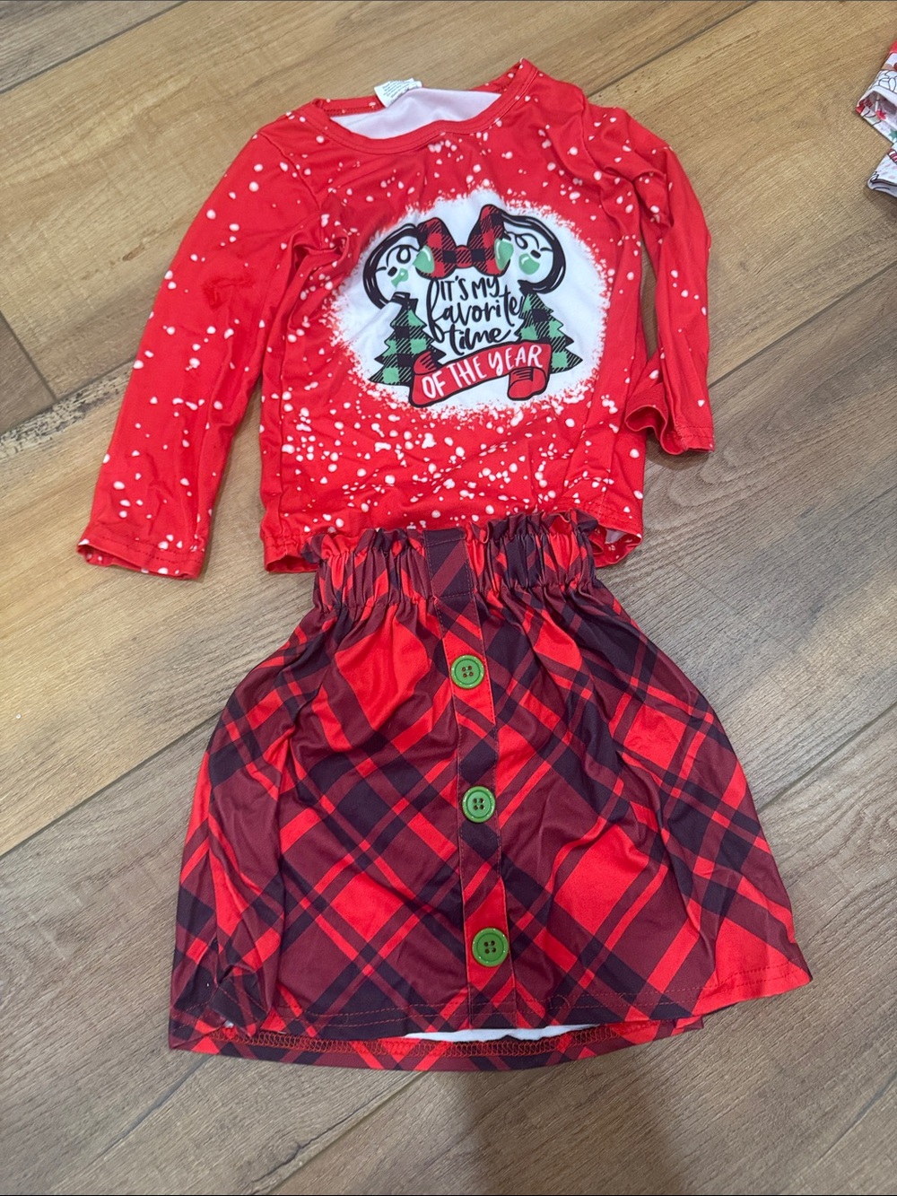 Kids Red Holiday Plaid Skirt & Top Set
